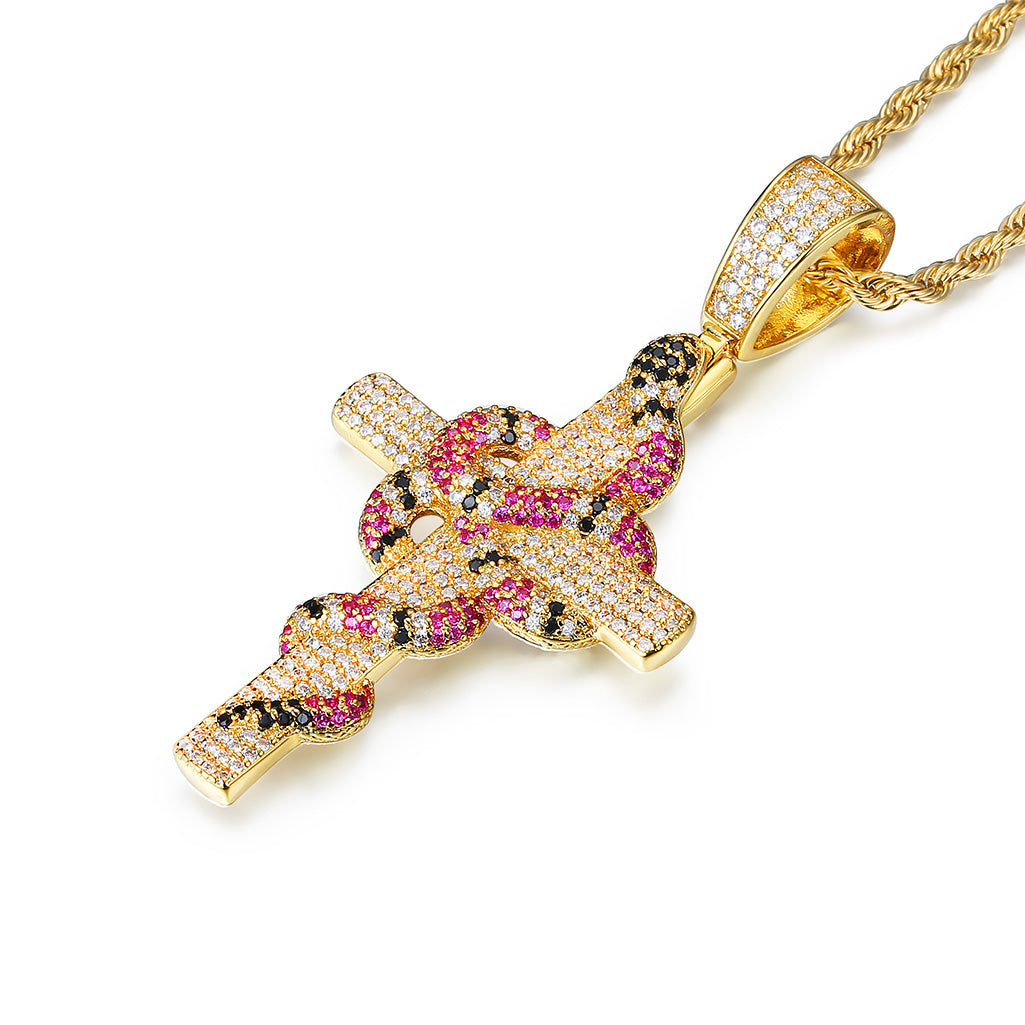 Vintage Snake Winding Cross Micro-inlaid Zircon Pendant