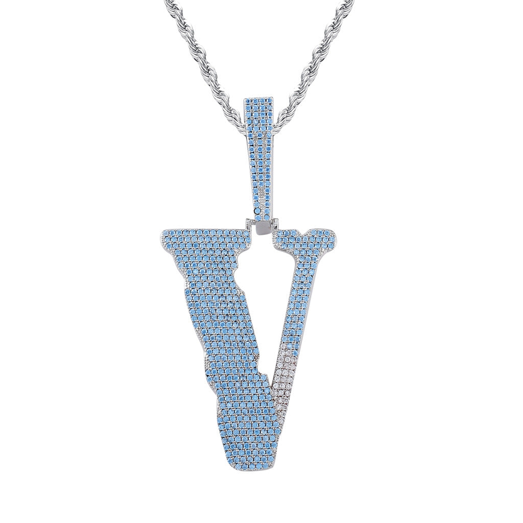 Full Rhinestone Color Zirconium Letter Big V Pendant