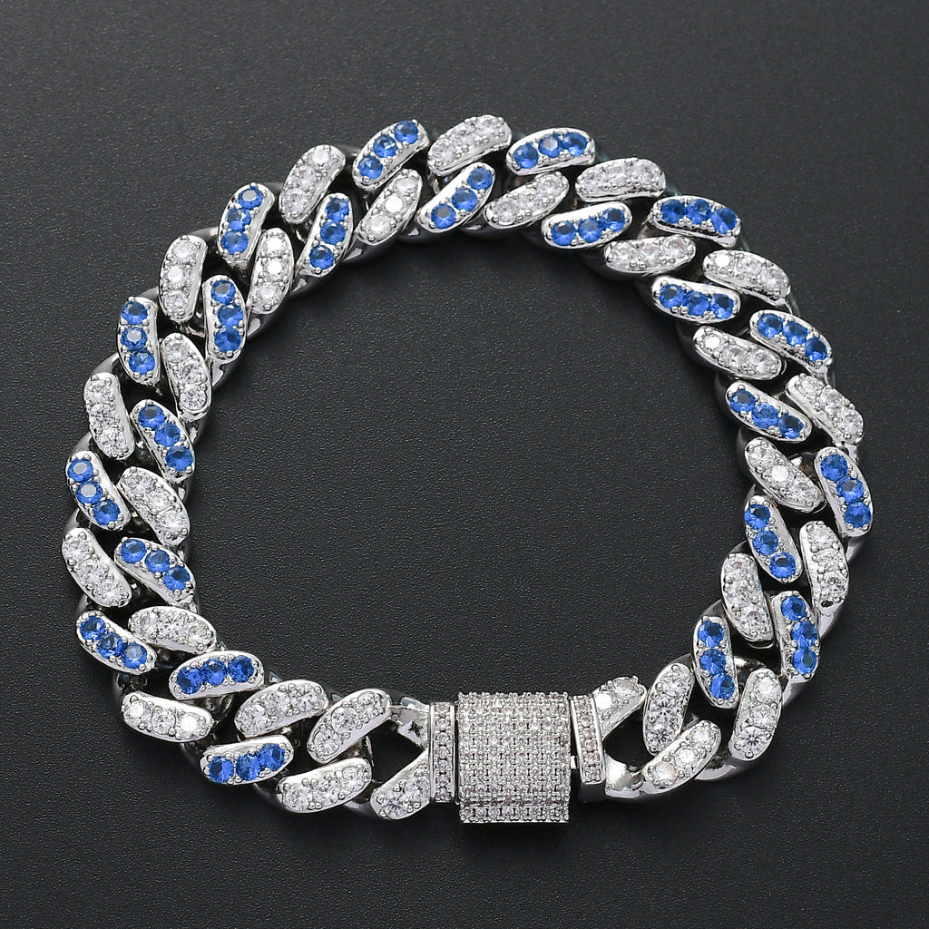 12mm Micro Inlaid Aquamarine&White Zircon Cuban Bracelet