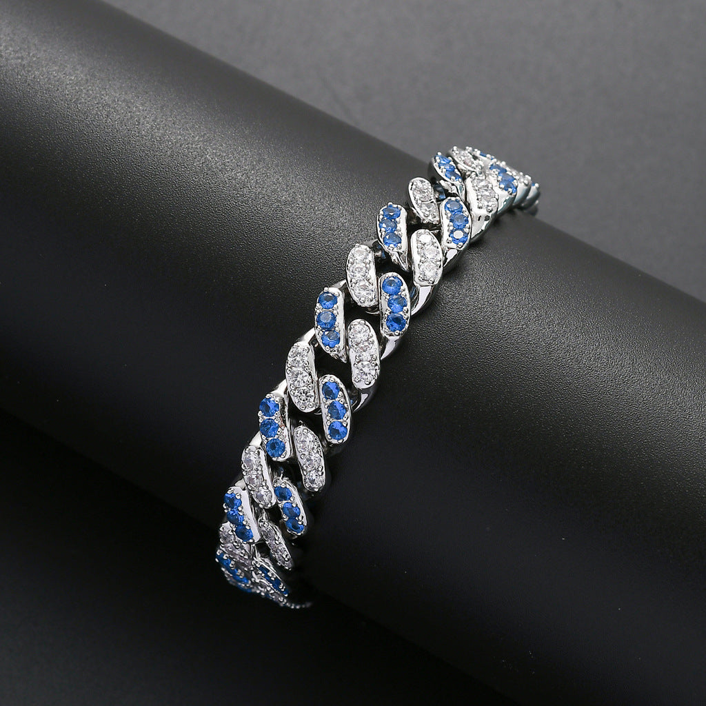 12mm Micro Inlaid Aquamarine&White Zircon Cuban Bracelet
