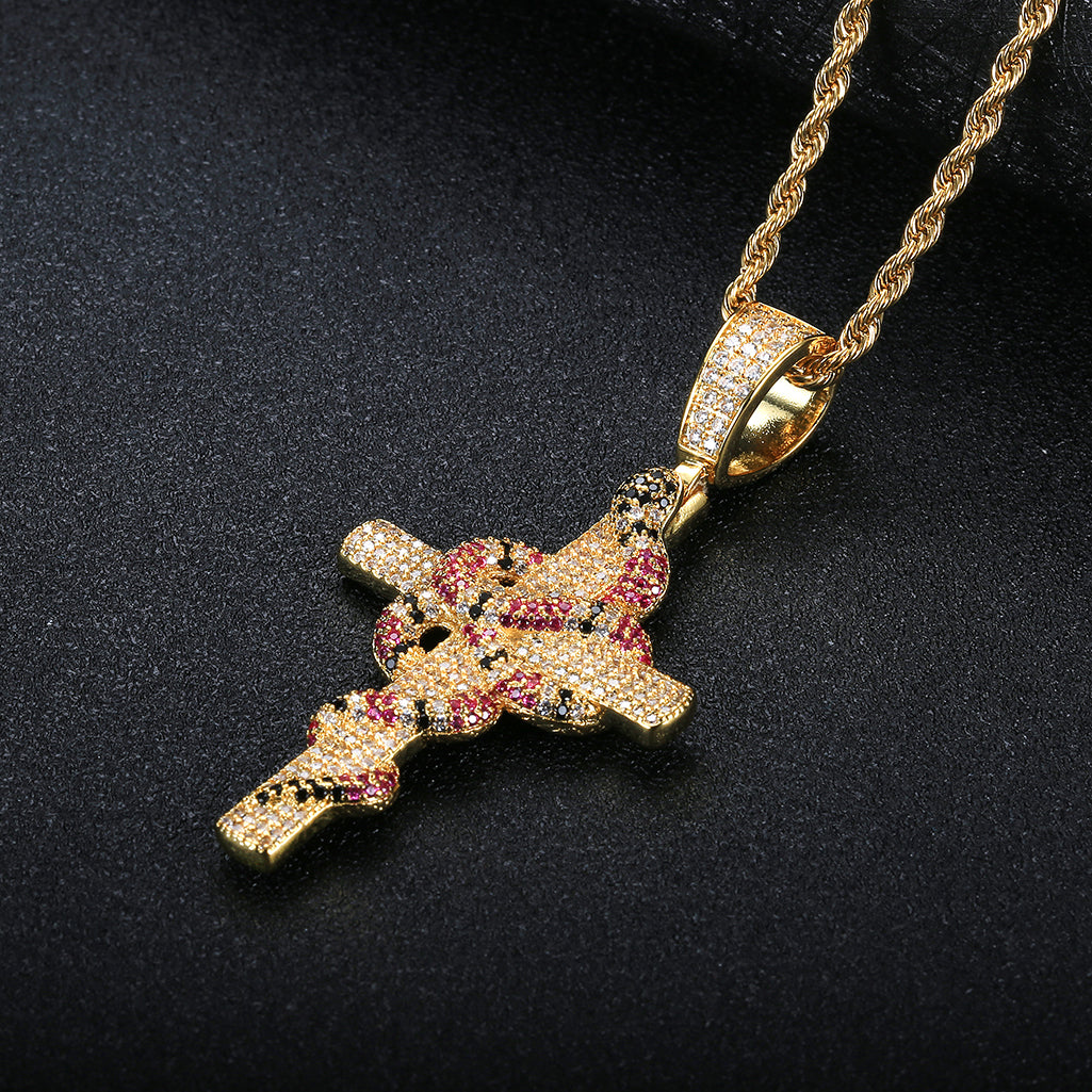 Vintage Snake Winding Cross Micro-inlaid Zircon Pendant
