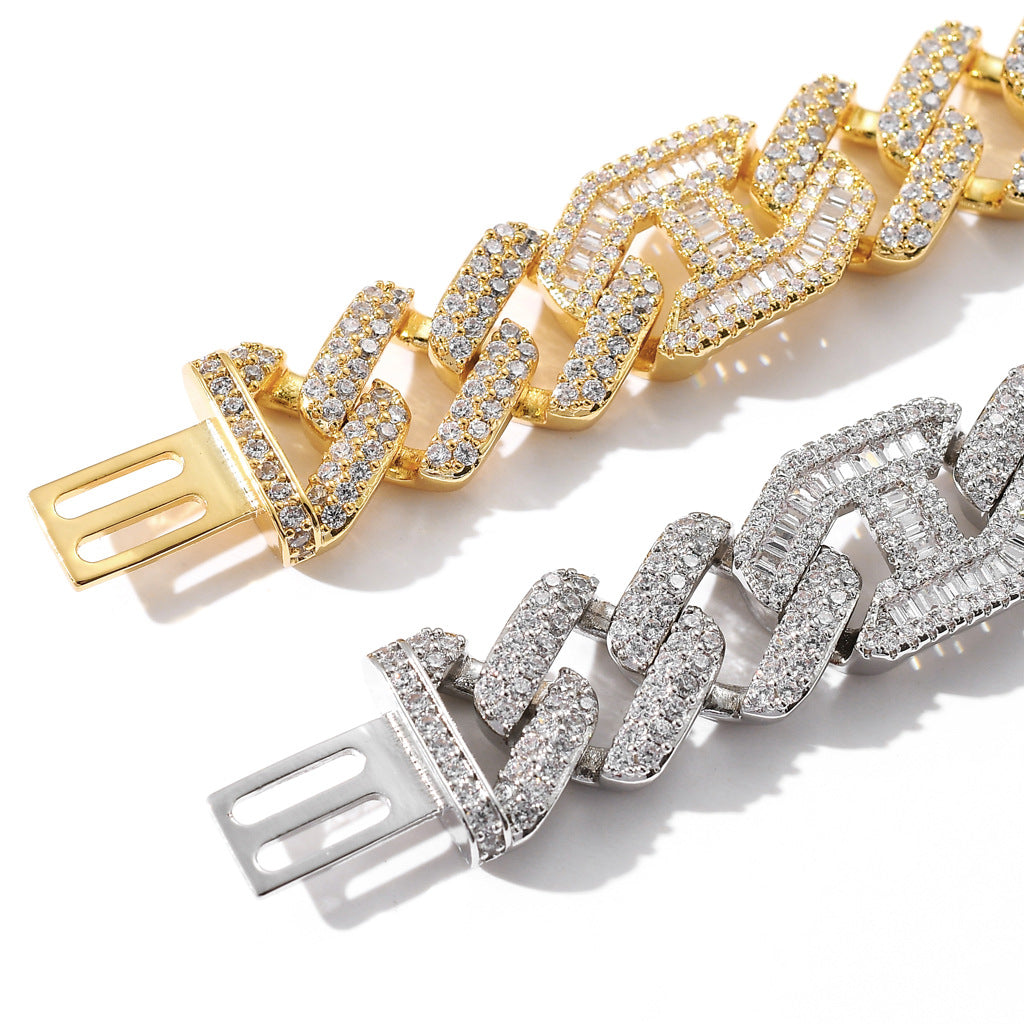 15mm Wide Bar Cuban Link Chain Flip Clasp Bracelet