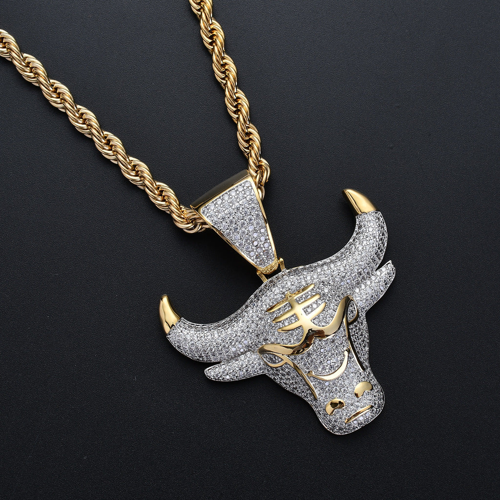 Micro-inlaid Zircon Bull Head Hip-hop Pendant