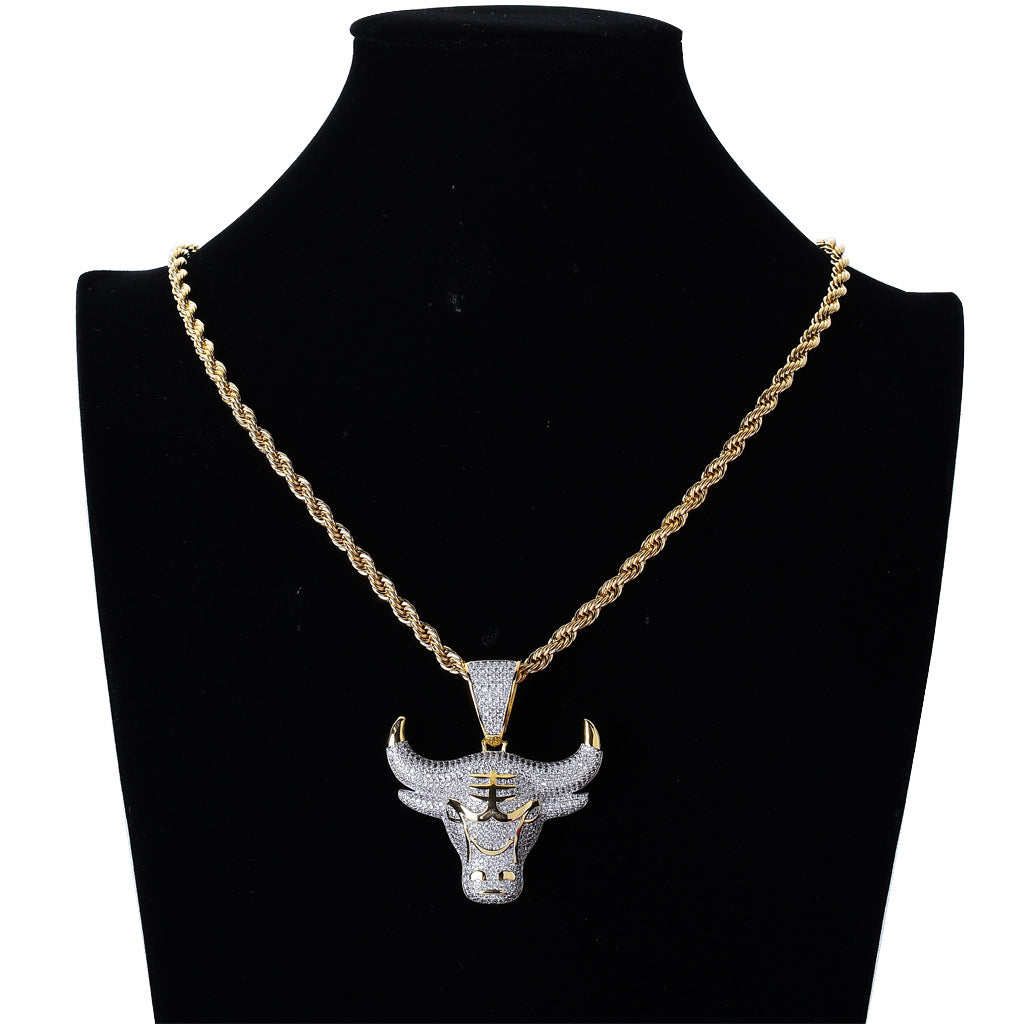 Micro-inlaid Zircon Bull Head Hip-hop Pendant