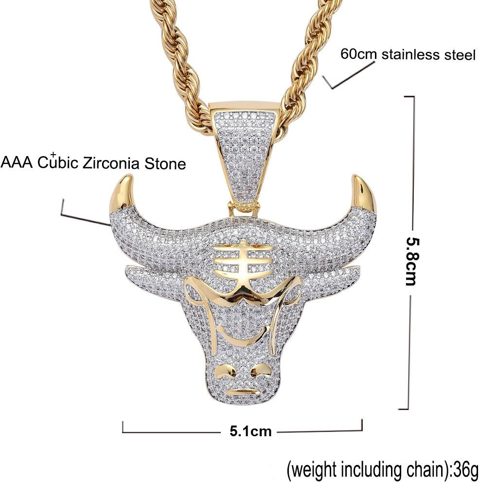 Micro-inlaid Zircon Bull Head Hip-hop Pendant