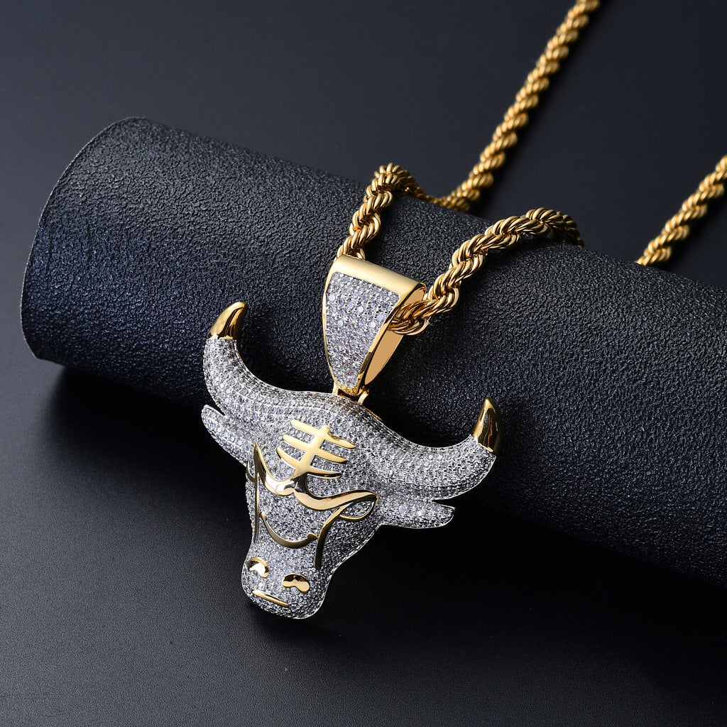 Micro-inlaid Zircon Bull Head Hip-hop Pendant