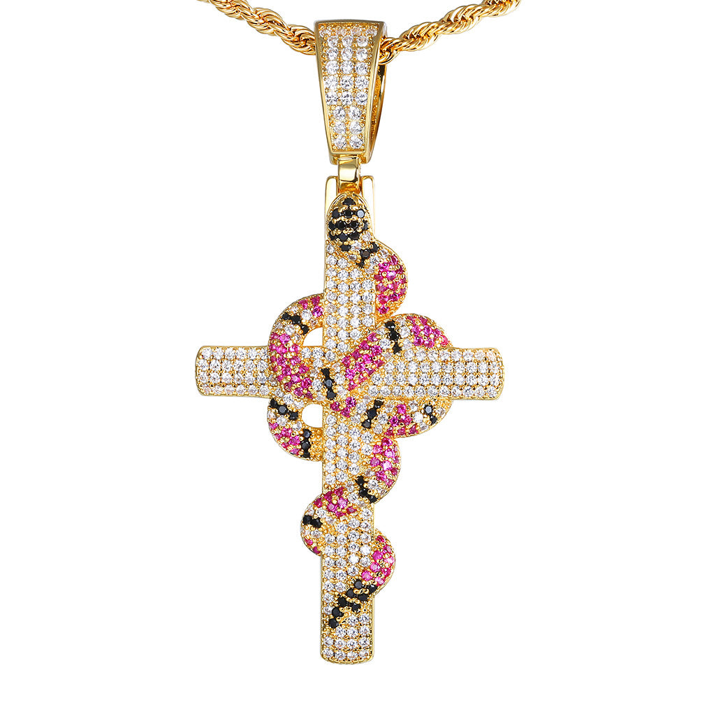Vintage Snake Winding Cross Micro-inlaid Zircon Pendant