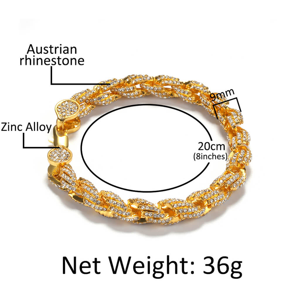 9 MM Hip Hop Diamond Alloy Twist Bracelet