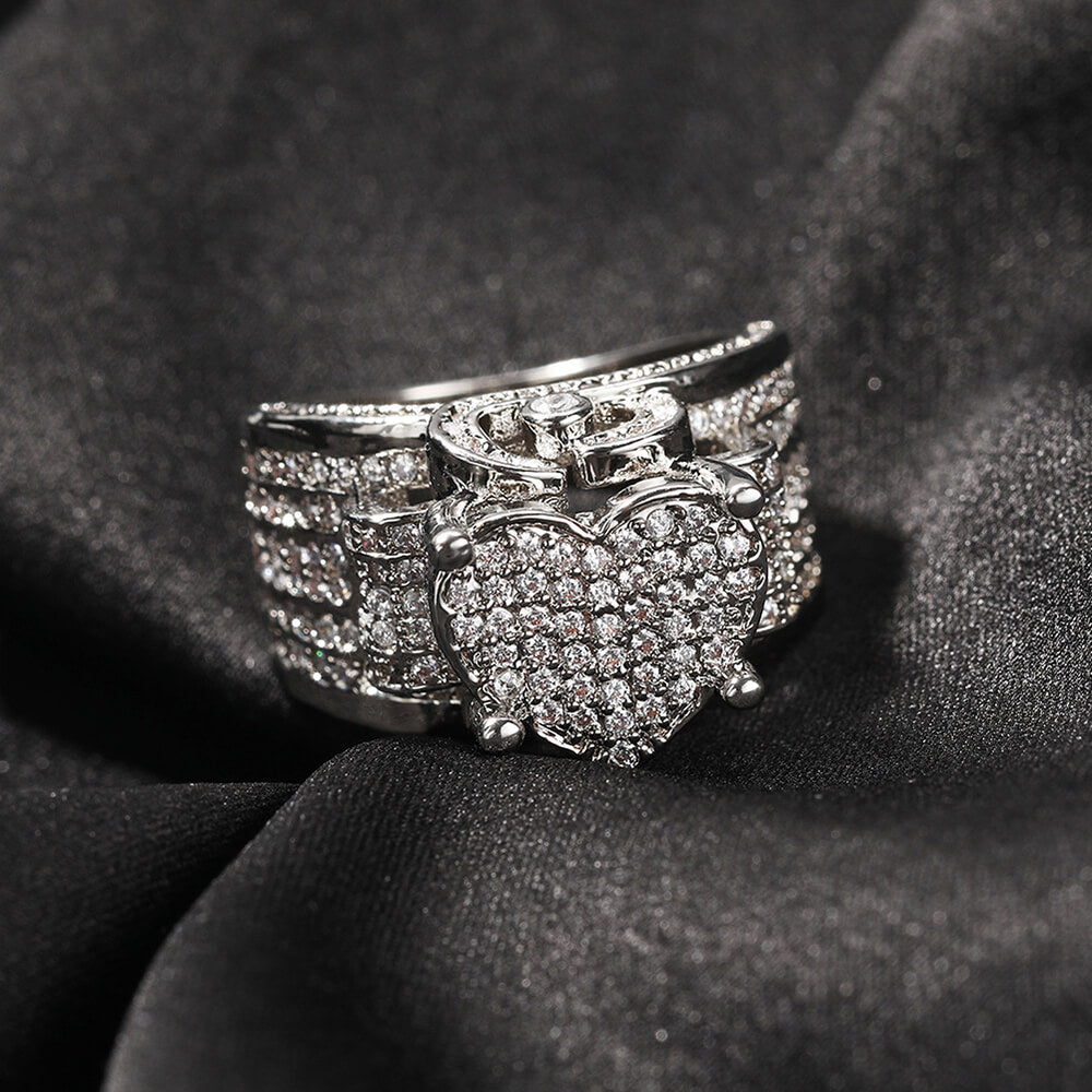 Hip-hop Style Micro-inlaid Zircon Heart-shaped Brass Ring