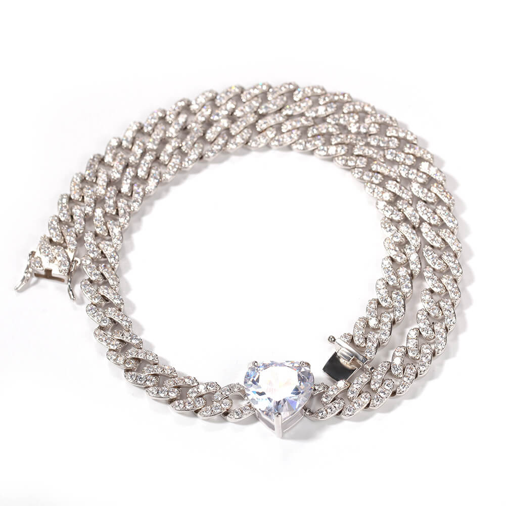 14" Heart-Shaped Zircon Choker Cuban Chain