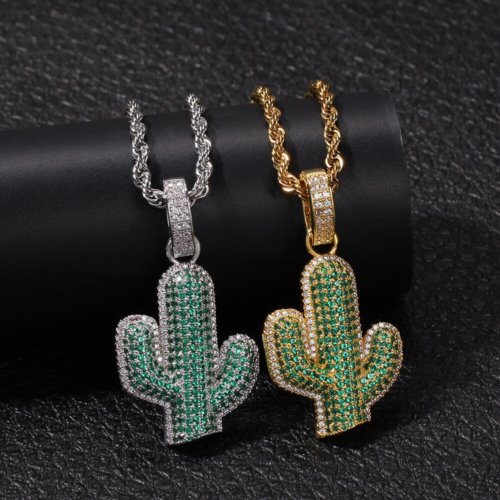 Hip Hop Cactus Inlaid Zircon Pendant