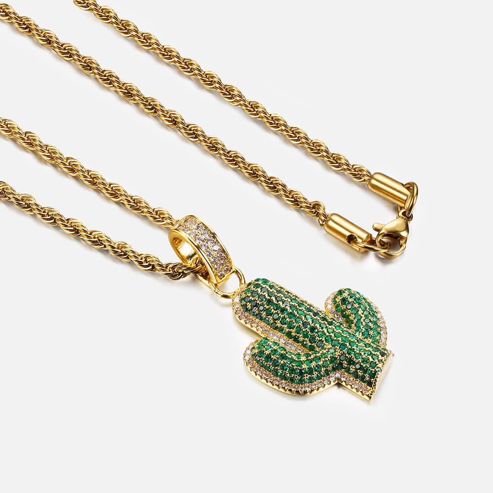 Hip Hop Cactus Inlaid Zircon Pendant