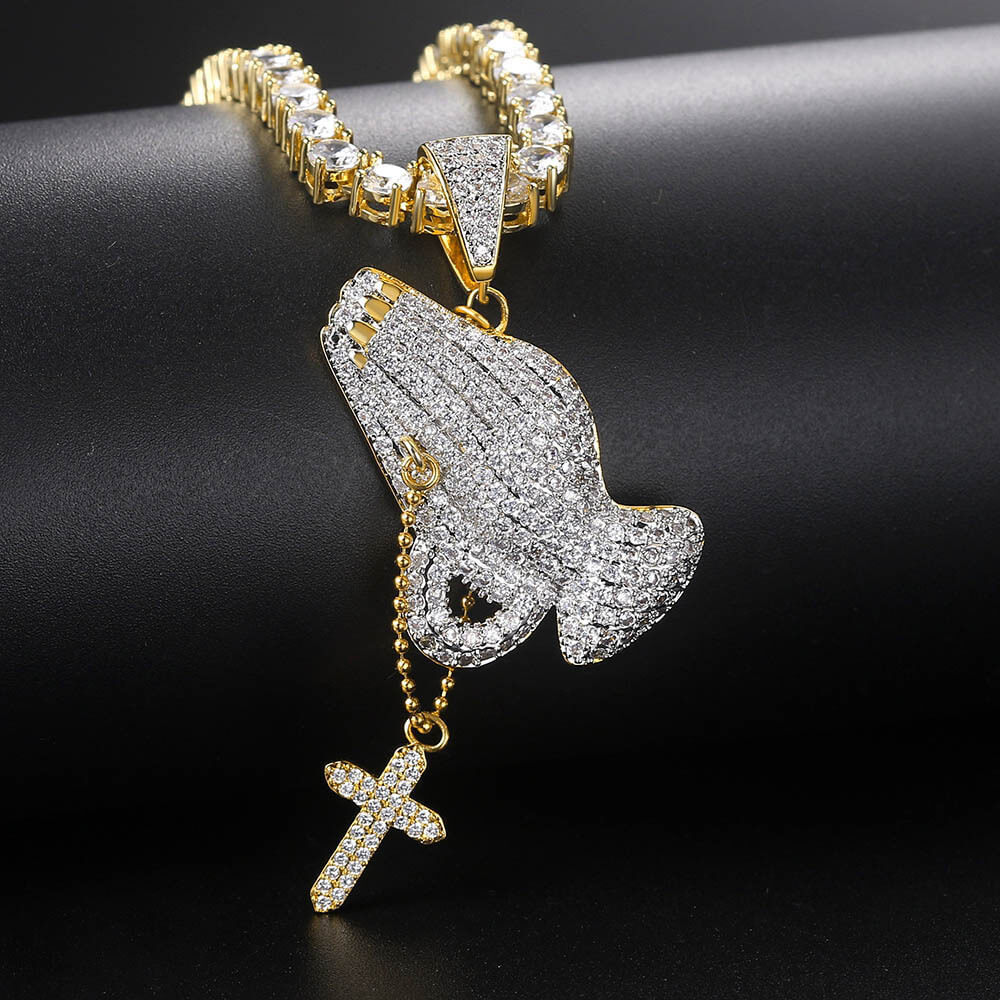 Hip Hop Prayer Gesture Cross Zircon Pendant