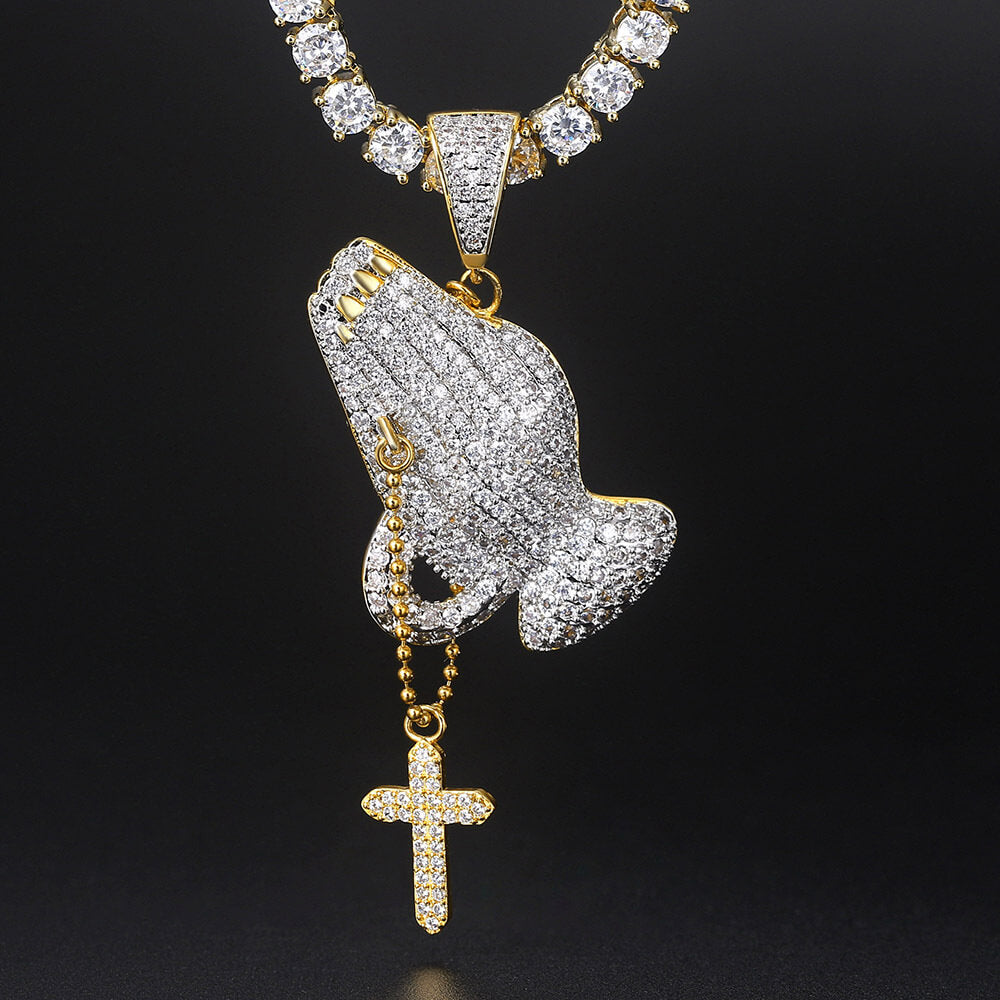 Hip Hop Prayer Gesture Cross Zircon Pendant