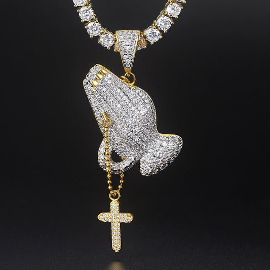 Hip Hop Prayer Gesture Cross Zircon Pendant