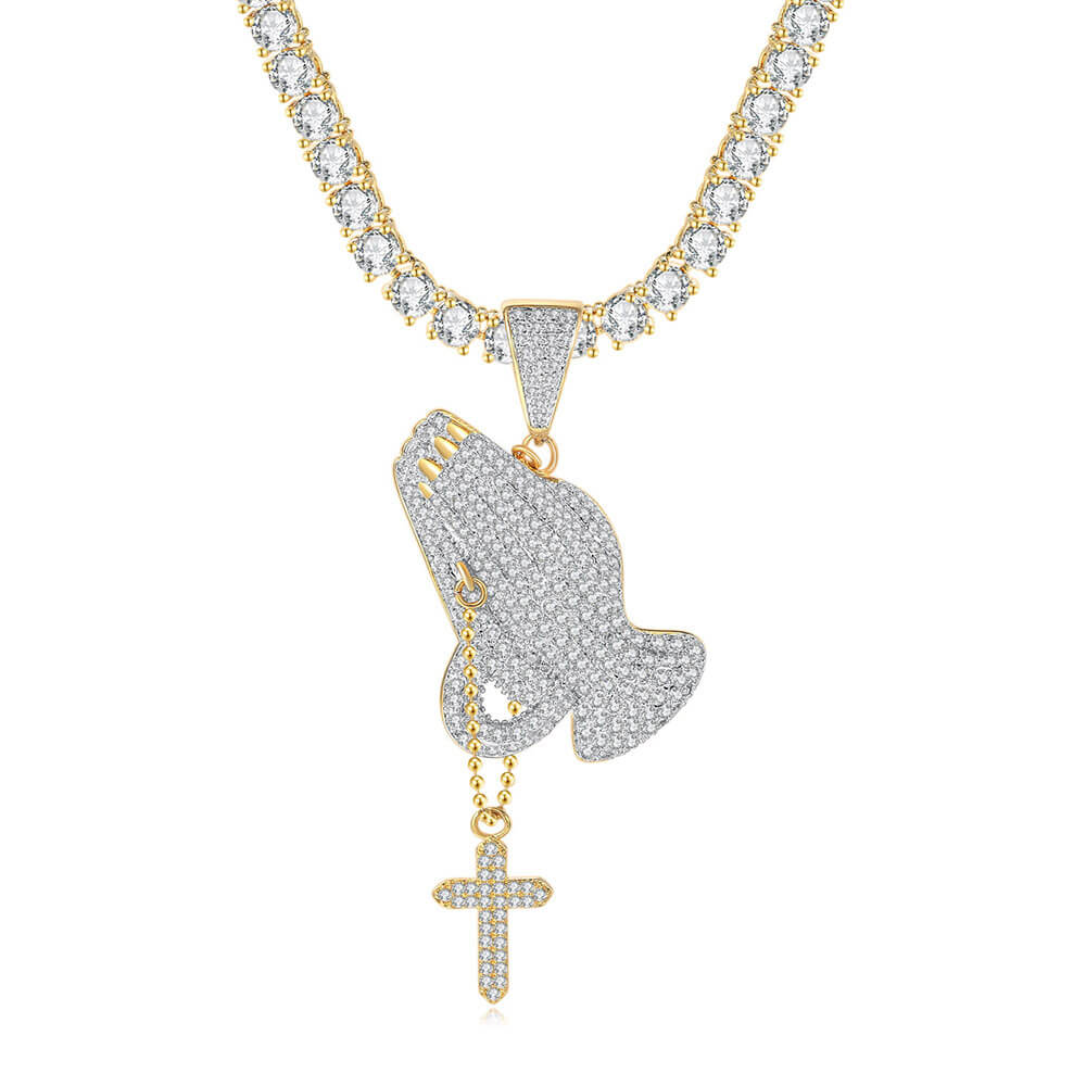 Hip Hop Prayer Gesture Cross Zircon Pendant