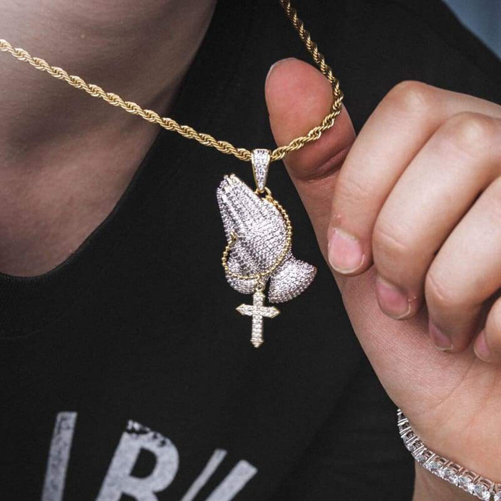 Hip Hop Prayer Gesture Cross Zircon Pendant