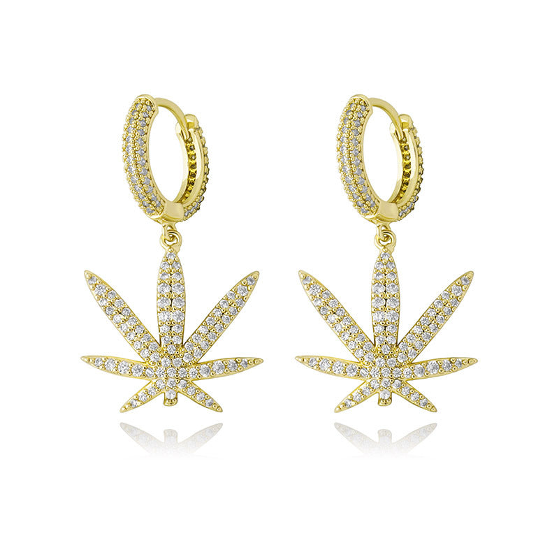 Iced Maple Leaf Dangle Hoop Earrings