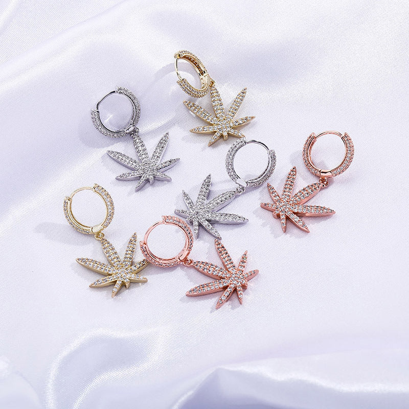 Iced Maple Leaf Dangle Hoop Earrings