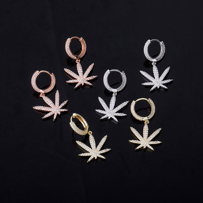 Iced Maple Leaf Dangle Hoop Earrings