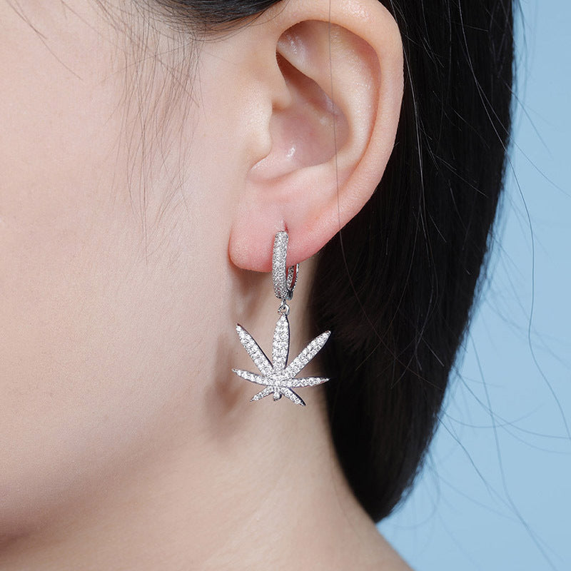Iced Maple Leaf Dangle Hoop Earrings