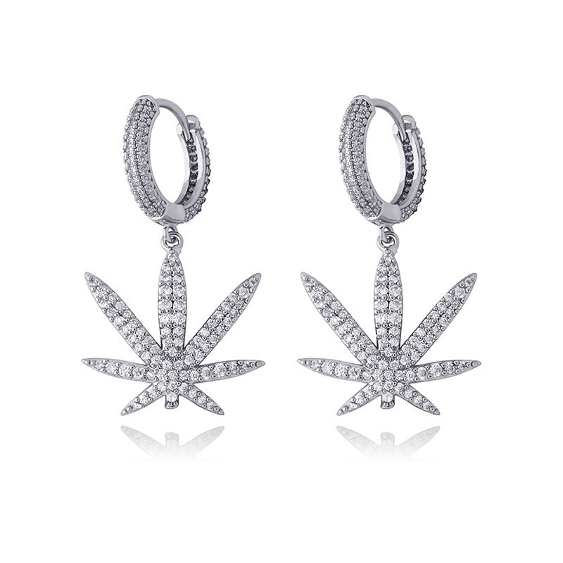 Iced Maple Leaf Dangle Hoop Earrings