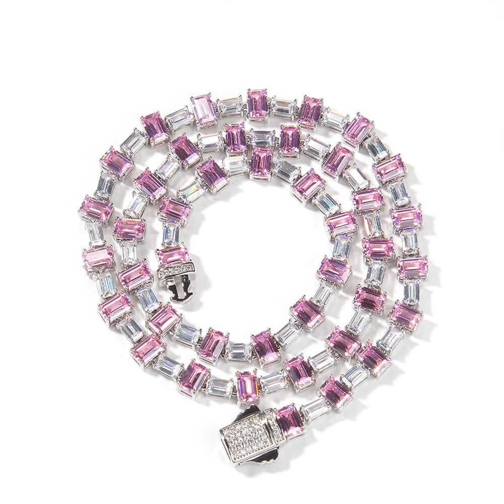 Silver And Pink Hip Hop Zircon Necklace
