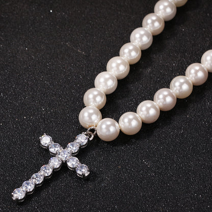 Hip hop cross pearl necklace