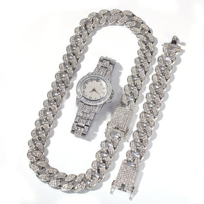 Hip hop bracelet necklace watch three piece set