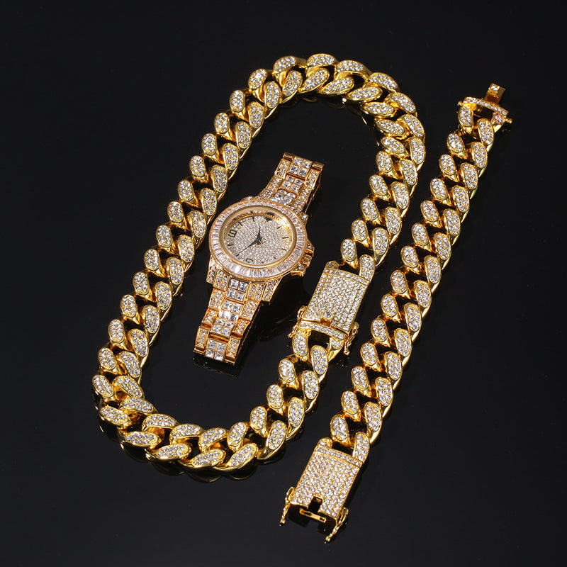 Hip hop bracelet necklace watch three piece set