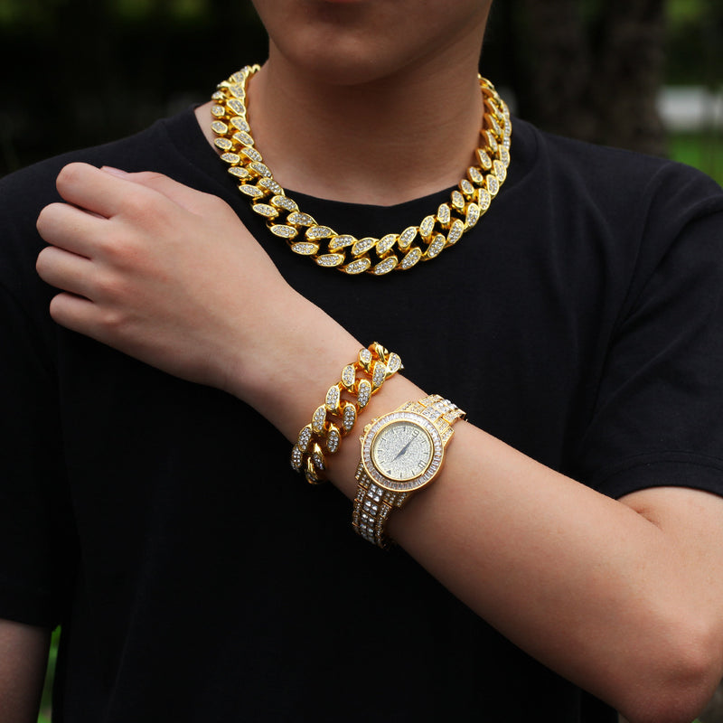 Hip hop bracelet necklace watch three piece set