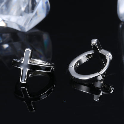 Black Cross Silver Hoop Earrings in White Gold