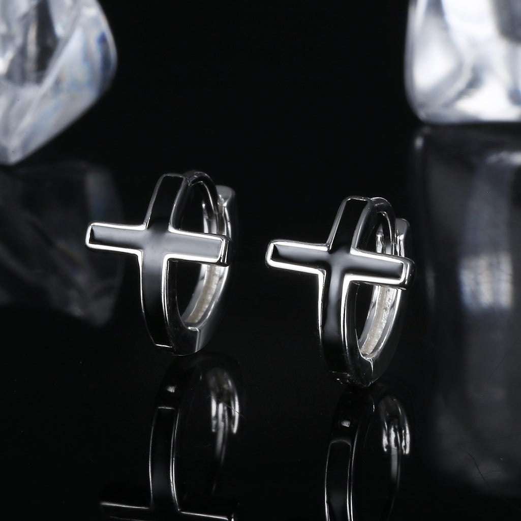 Black Cross Silver Hoop Earrings in White Gold