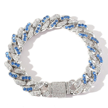 12mm Micro Inlaid Aquamarine&White Zircon Cuban Necklace