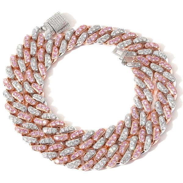 12mm Micro Paved Pink&White CZ Stone Cuban Link Necklace