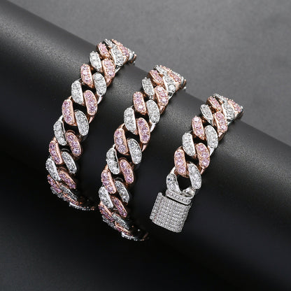 12mm Micro Paved Pink&White CZ Stone Cuban Link Necklace