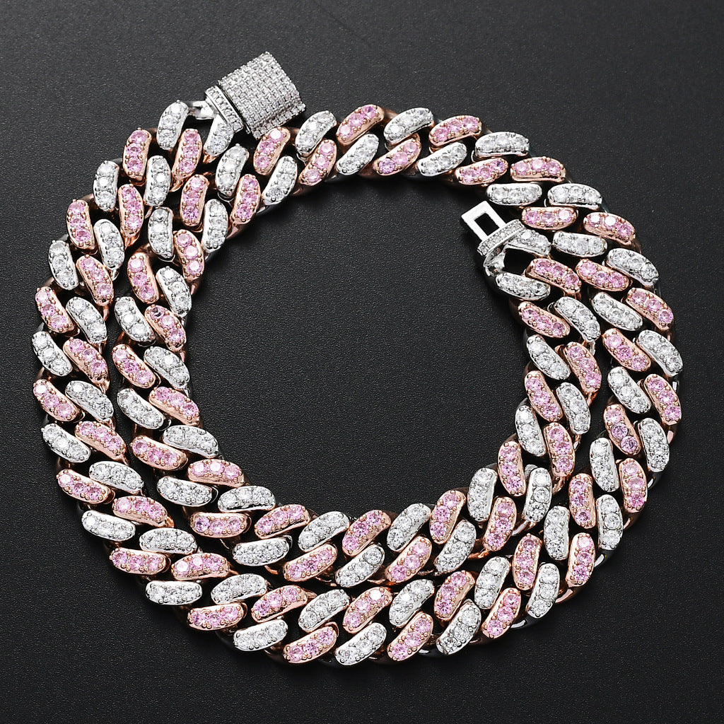 12mm Micro Paved Pink&White CZ Stone Cuban Link Necklace