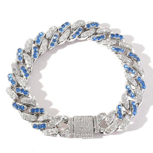 12mm Micro Inlaid Aquamarine&White Zircon Cuban Bracelet