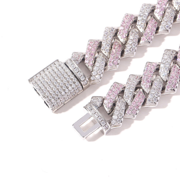 14mm Cuban Link Chain Pink&White CZ Stone Necklace