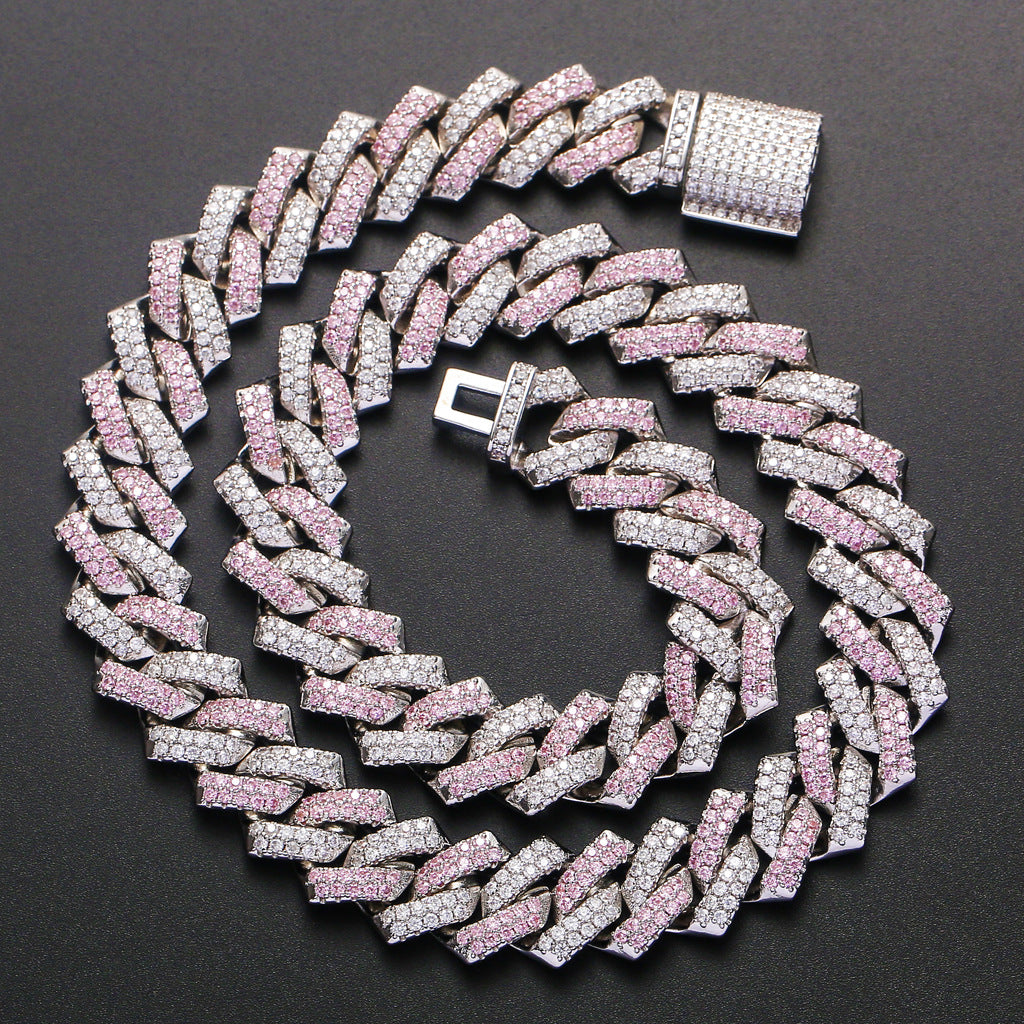 14mm Cuban Link Chain Pink&White CZ Stone Necklace