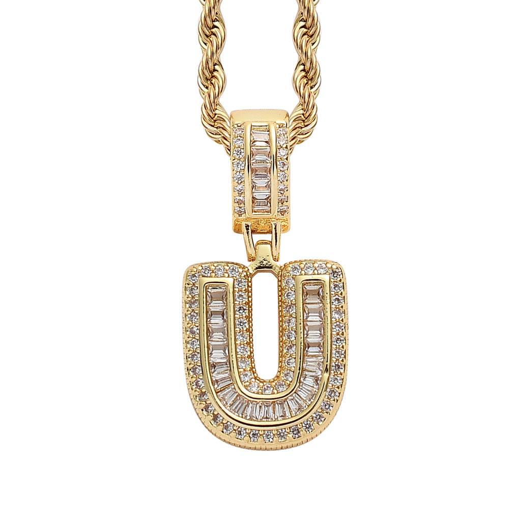 Single English Letter Square Zircon Pendant