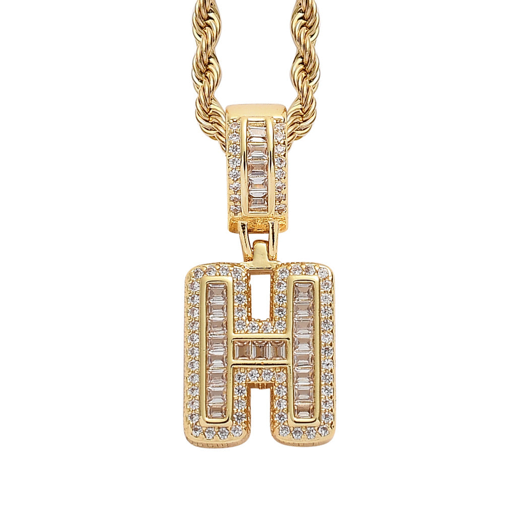 Single English Letter Square Zircon Pendant