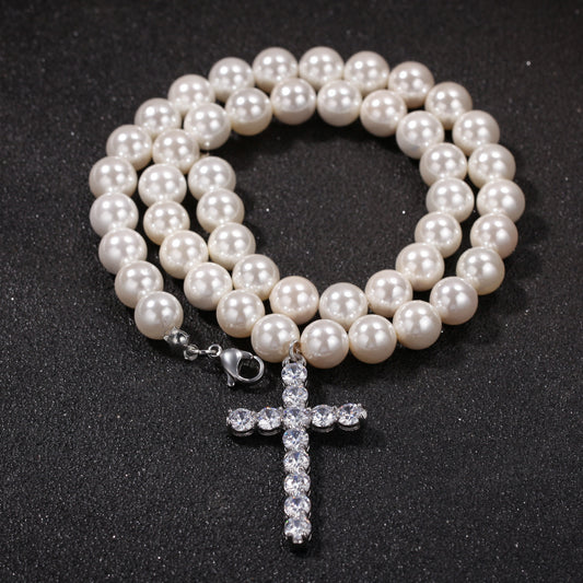 Hip hop cross pearl necklace