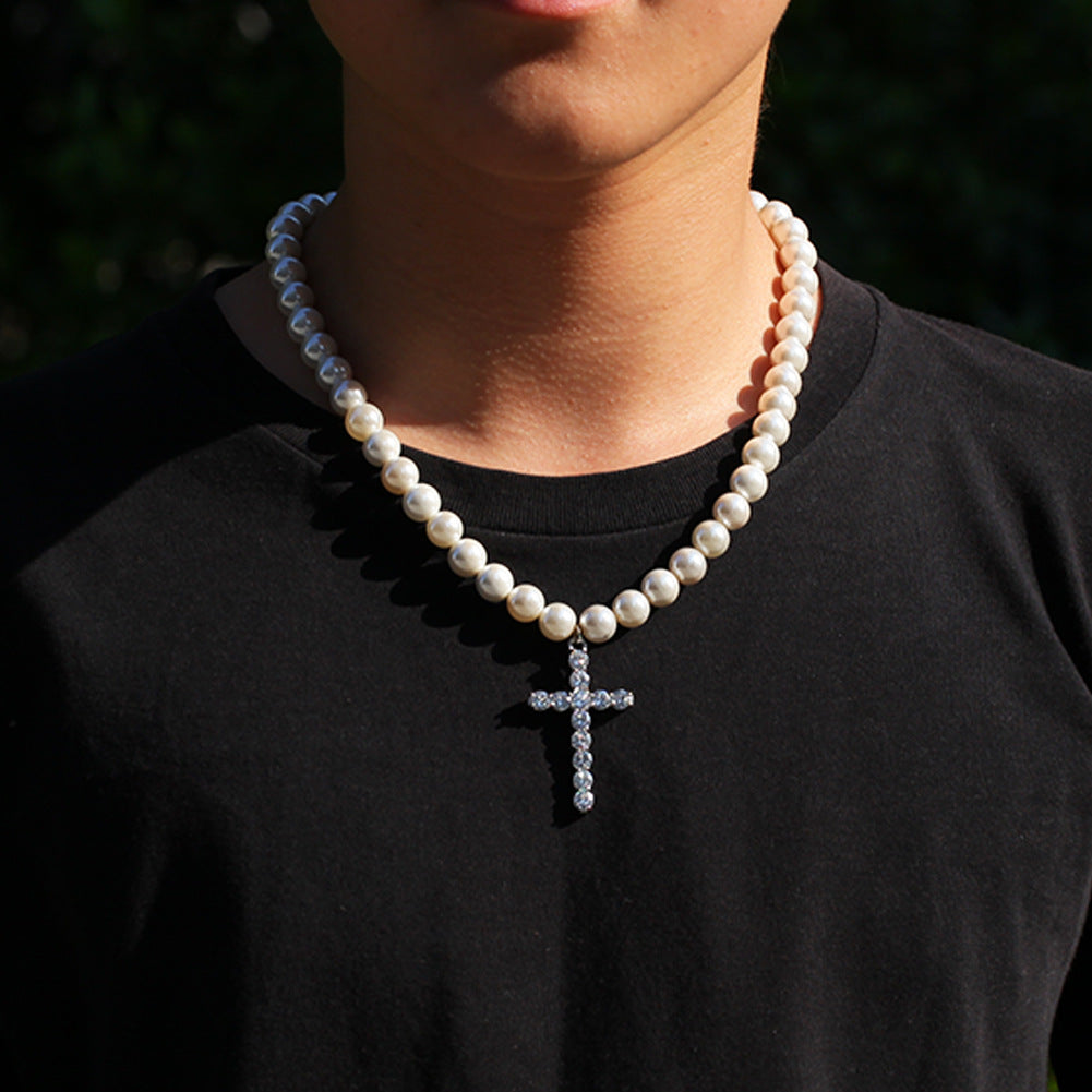 Hip hop cross pearl necklace