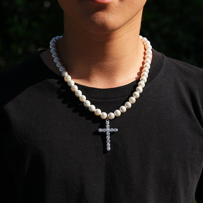 Hip hop cross pearl necklace