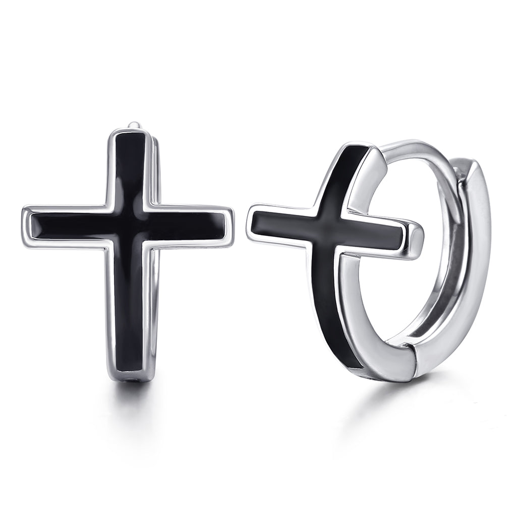 Black Cross Silver Hoop Earrings in White Gold