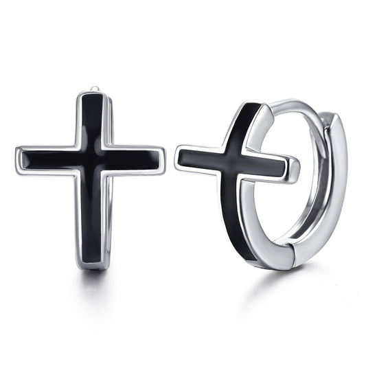 Black Cross Silver Hoop Earrings in White Gold