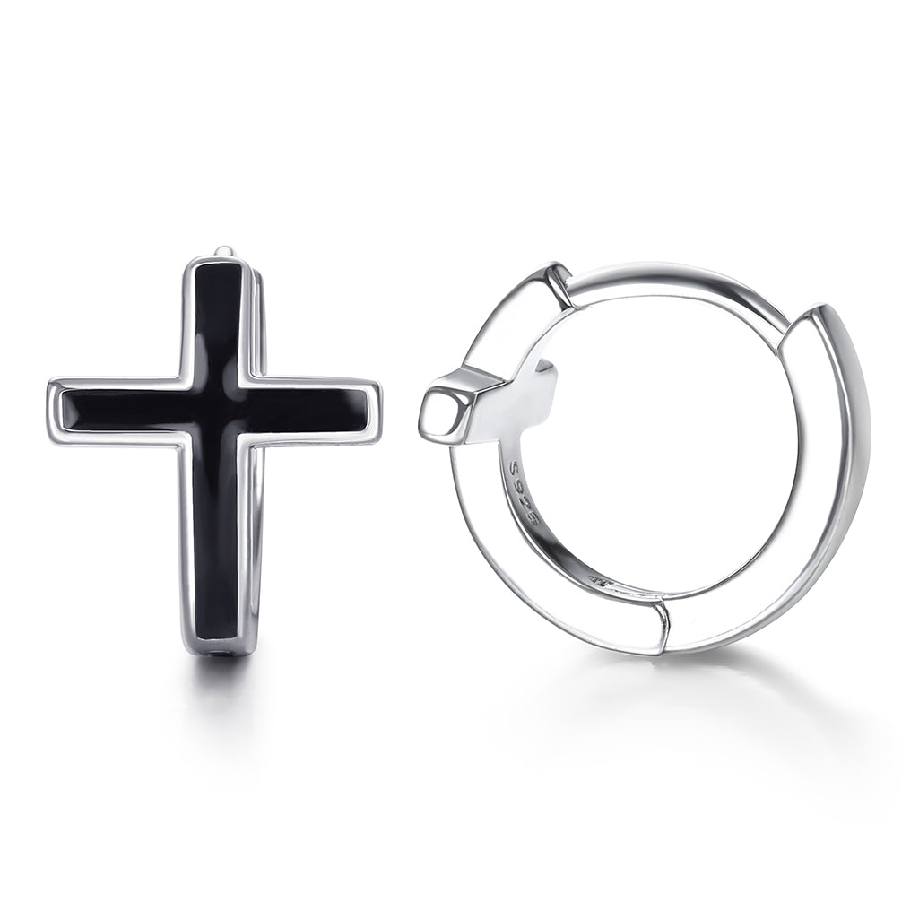 Black Cross Silver Hoop Earrings in White Gold