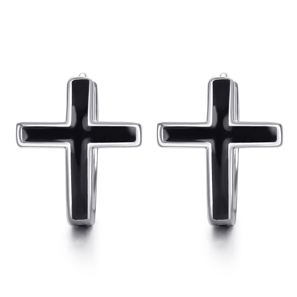 Black Cross Silver Hoop Earrings in White Gold