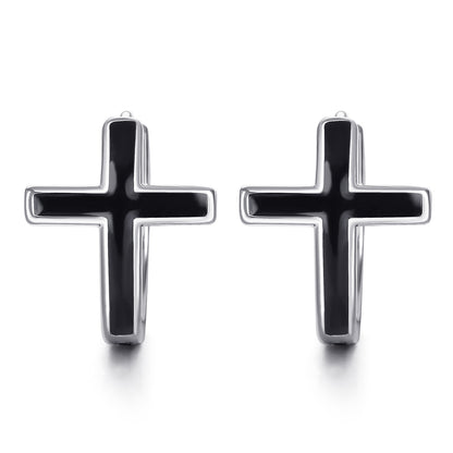 Black Cross Silver Hoop Earrings in White Gold